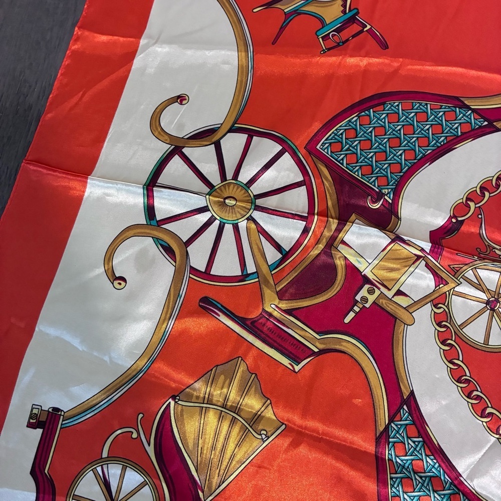MOSI Orange, White & Gold Carriage-Print Silk-Feel Square Scarf - Picture 7 of 10